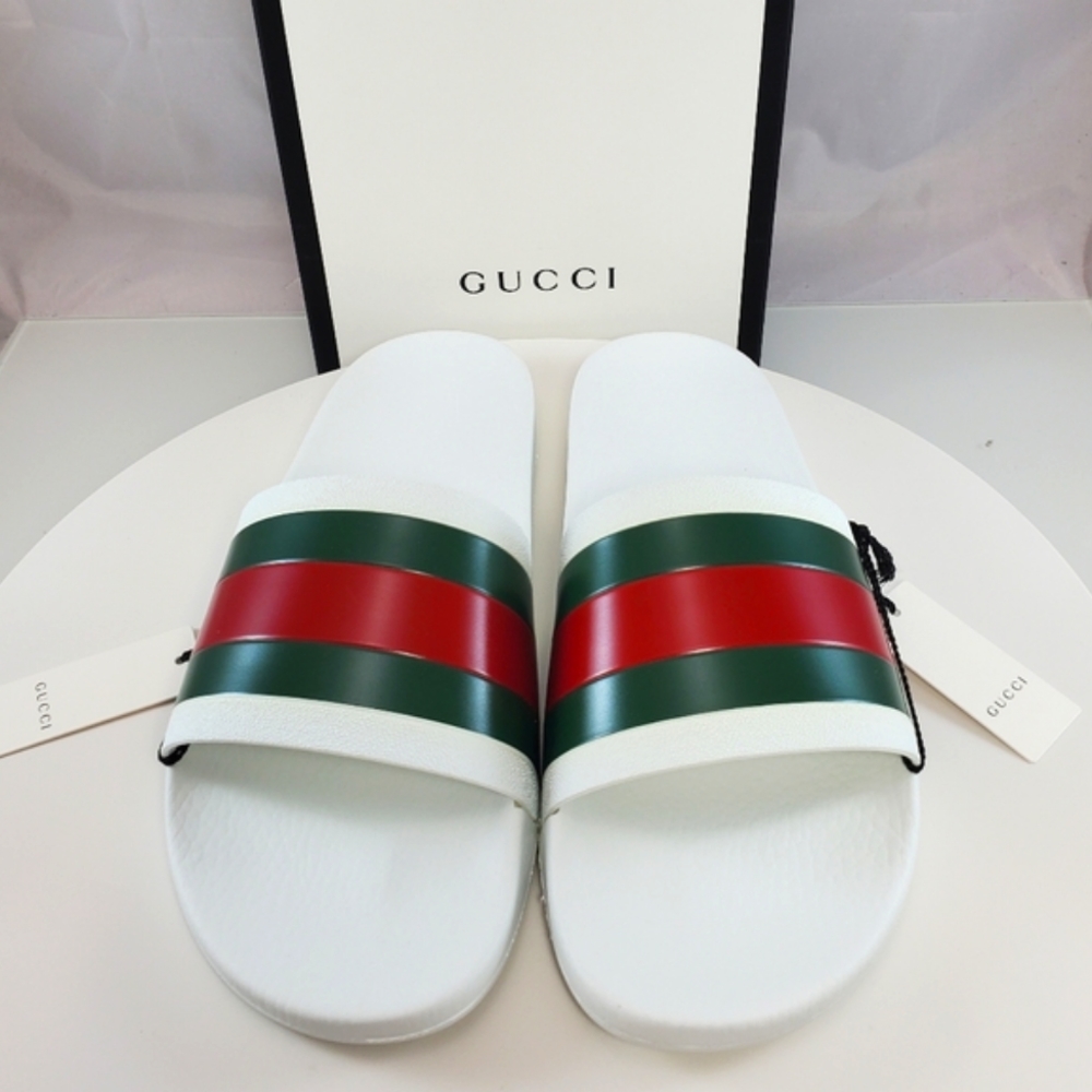 NWT$400 GUCCI Signature Pursuit 72 Stripe Slip-on Slide Sandals Sz 10G (10.5)